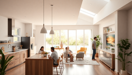 An image of a beautiful home, a view of an open space kitchen a living room with some members of the family enjoying the space