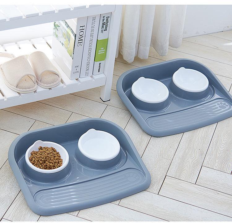 Dual-purpose pet feeding station with two bowls and a non-slip mat for convenient pet mealtime.