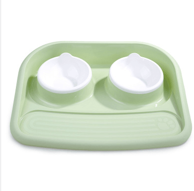 Dual-purpose pet feeding station in green with two removable bowls for easy cleaning