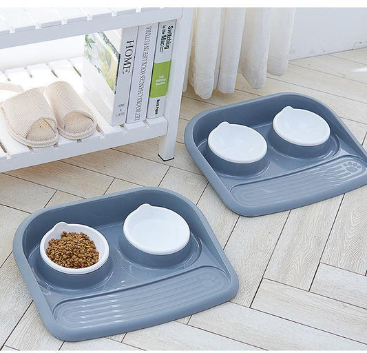 Dual-purpose pet feeding station with two bowls and a non-slip mat for convenient pet mealtime.