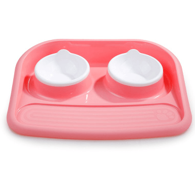 Pink dual-purpose pet feeding station with two white bowls for dogs and cats