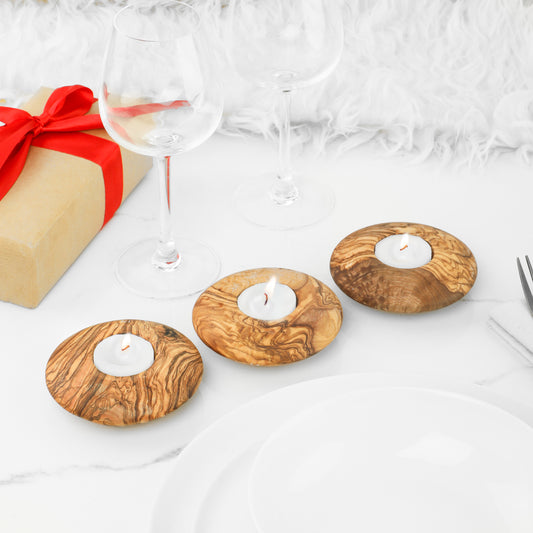 Turquoise Lucy olive wood candle holder set with three unique designs for elegant home decor